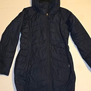 Columbia Omni-Heat Long Quilted Navy Puffer Coat Fleece Collar Hood Thumb Holes